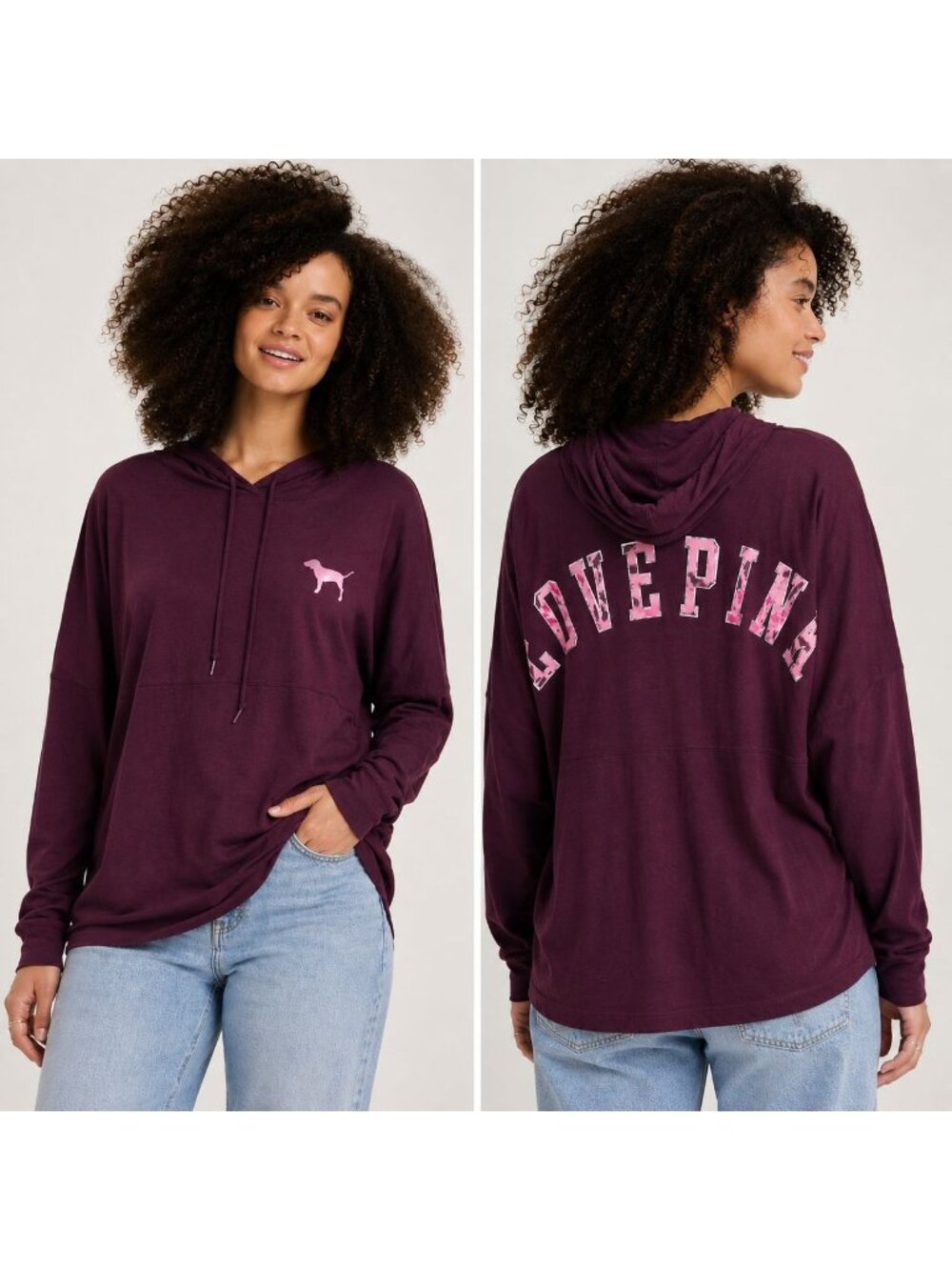 Love Pink Victoria's Secret Maroon Oversized Hoodie Tee-Shirt L